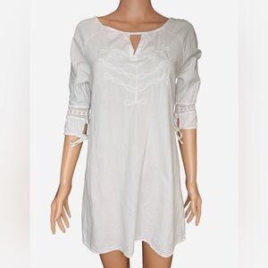 White Embroidered Cotton Mini Dress with Tie Sleeves Small